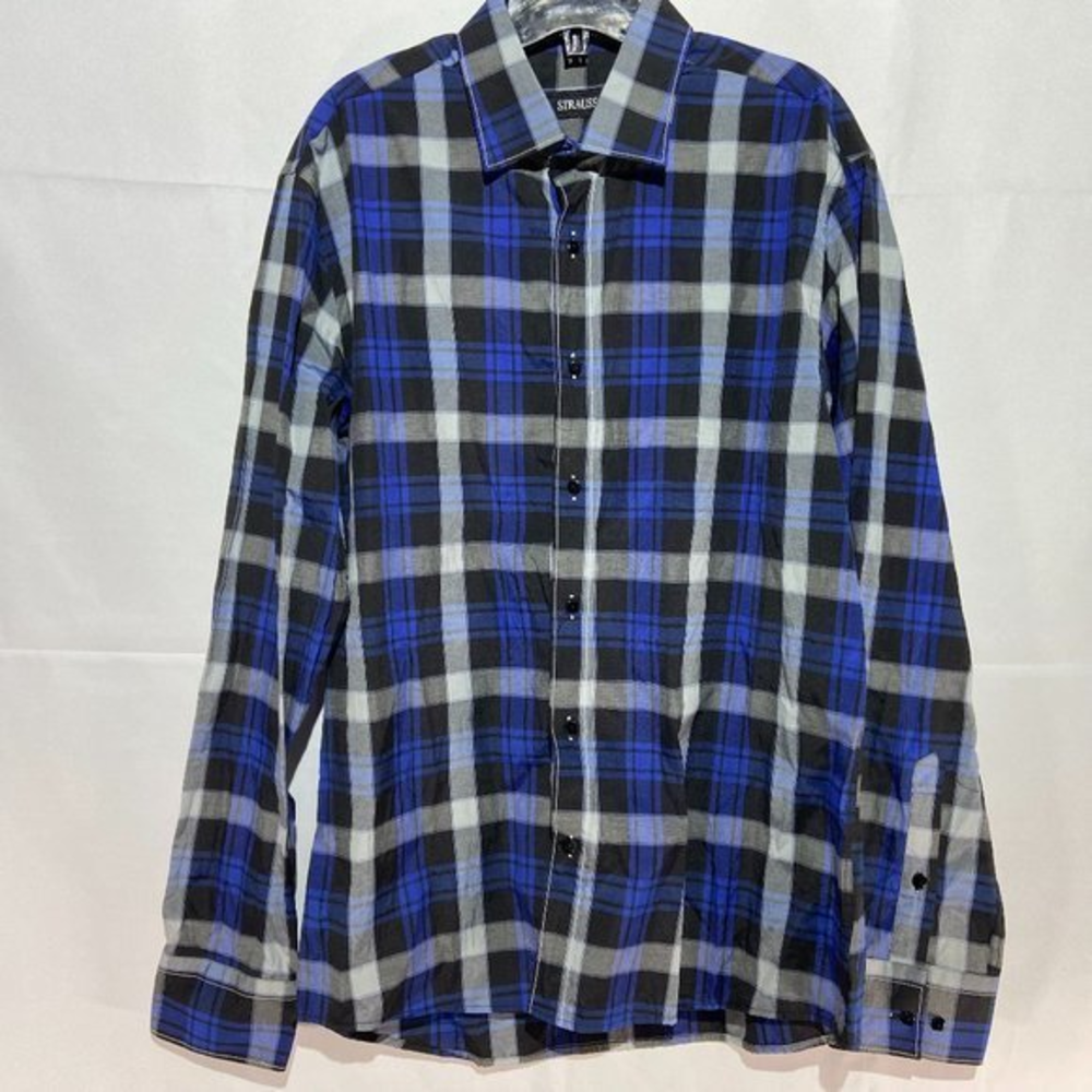 Strauss Long Sleeved‎ Button Shirt Blue Plaid Large LIKE NEW